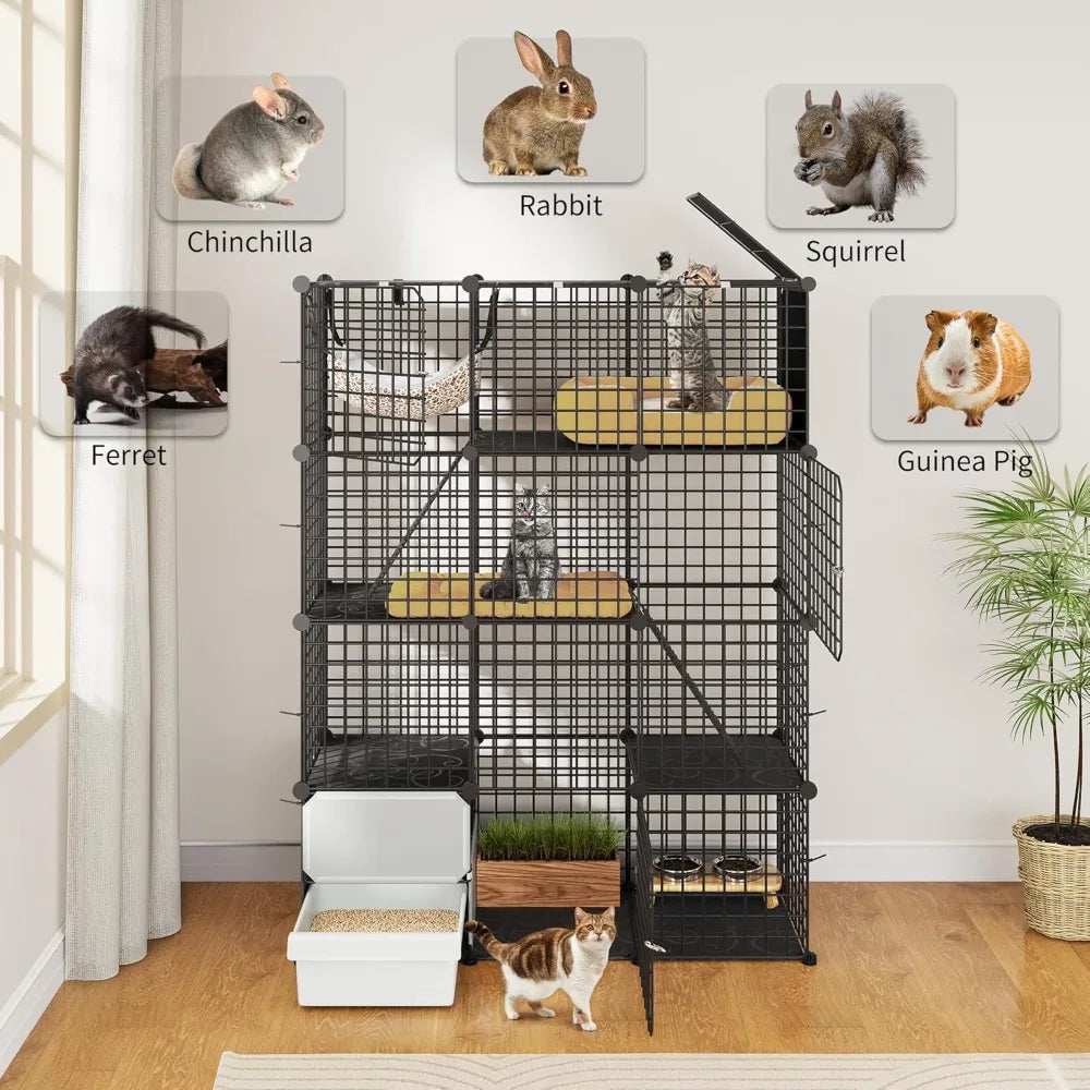 4-Tier Cat Cage with Litter Box: Kittens House Indoor Multi-Level Enclosure for 1-3 Small Cats, Black