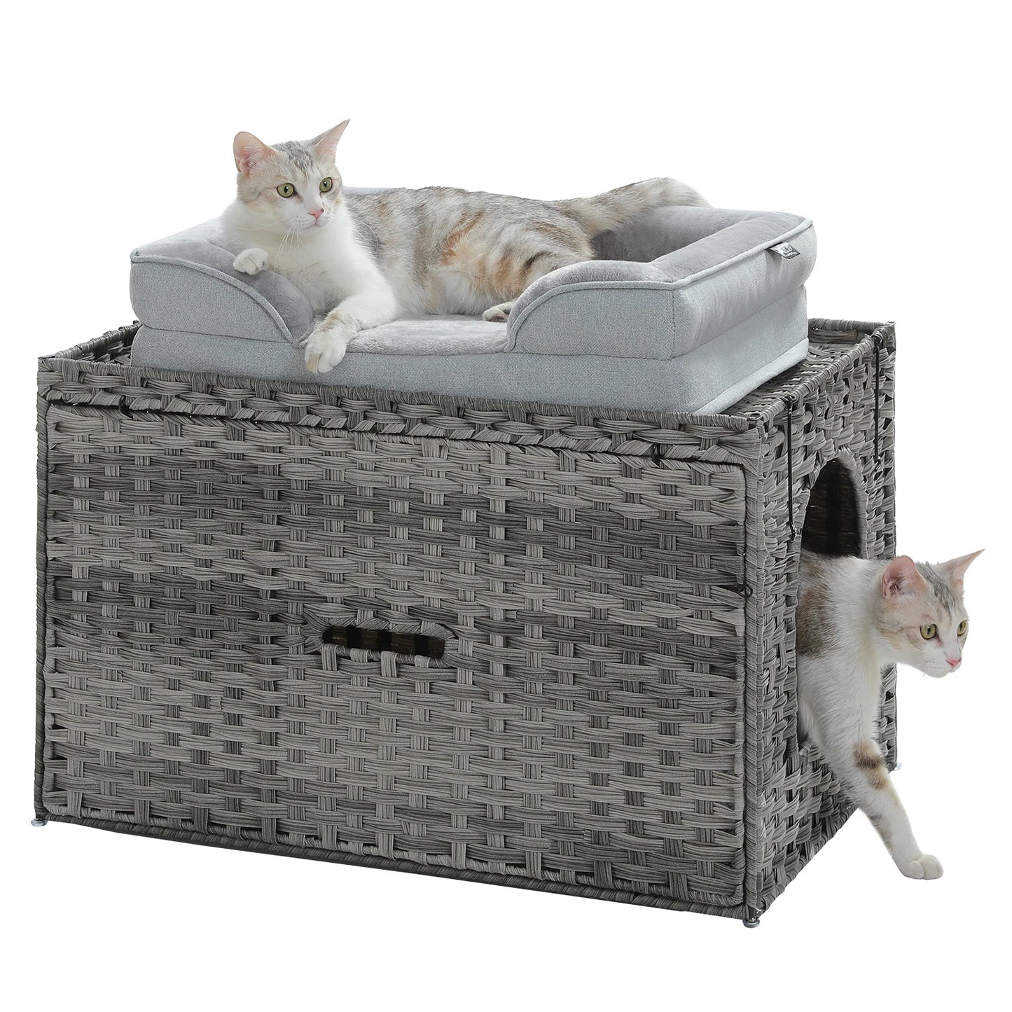 Cat Litter Box Enclosure Furniture with Door Hidden Litter Box Handwoven Rattan Cat House Bed for Large Cats Indoor Room Winter
