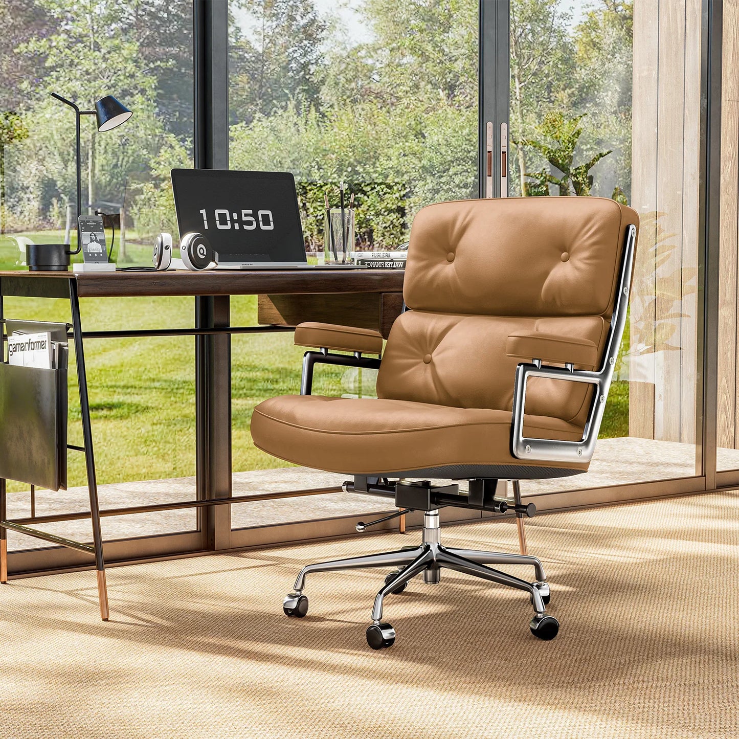 Adjustable Swivel Rolling Office Chairs Soft Pad Genuine Leather Chairs Mid Back Executive Desk Office Chair Computer Chairs