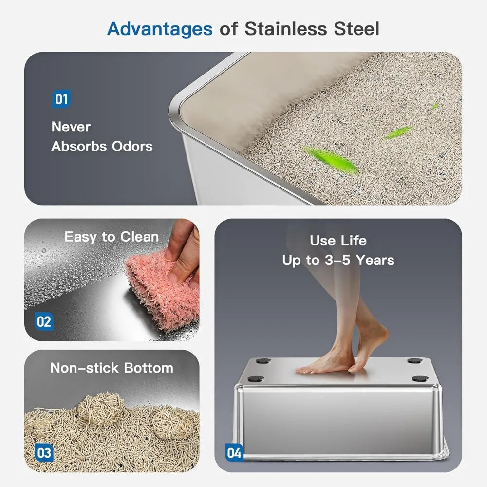 Odor Control XXL Stainless Steel Litter Box for Big Cats, Multiple Cats - Enclosed with Lid, Easy Clean, Anti-Urine Leakage