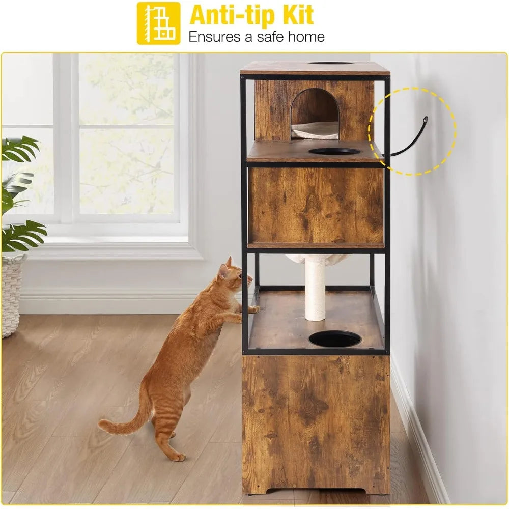 Wooden Cat Washroom Furniture - Enclosure with Hidden Litter Box, Condo, Hammock, Scratching Mat and Storage Shelves