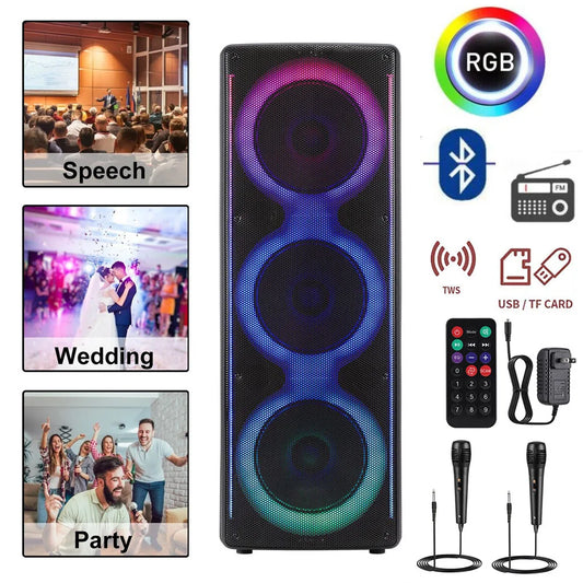 Portable Bluetooth Party Speaker Triple 10-Inch Woofer Rechargeable Led Light USB TF FM Loud Dj karaoke SpeakerW/2 Mic