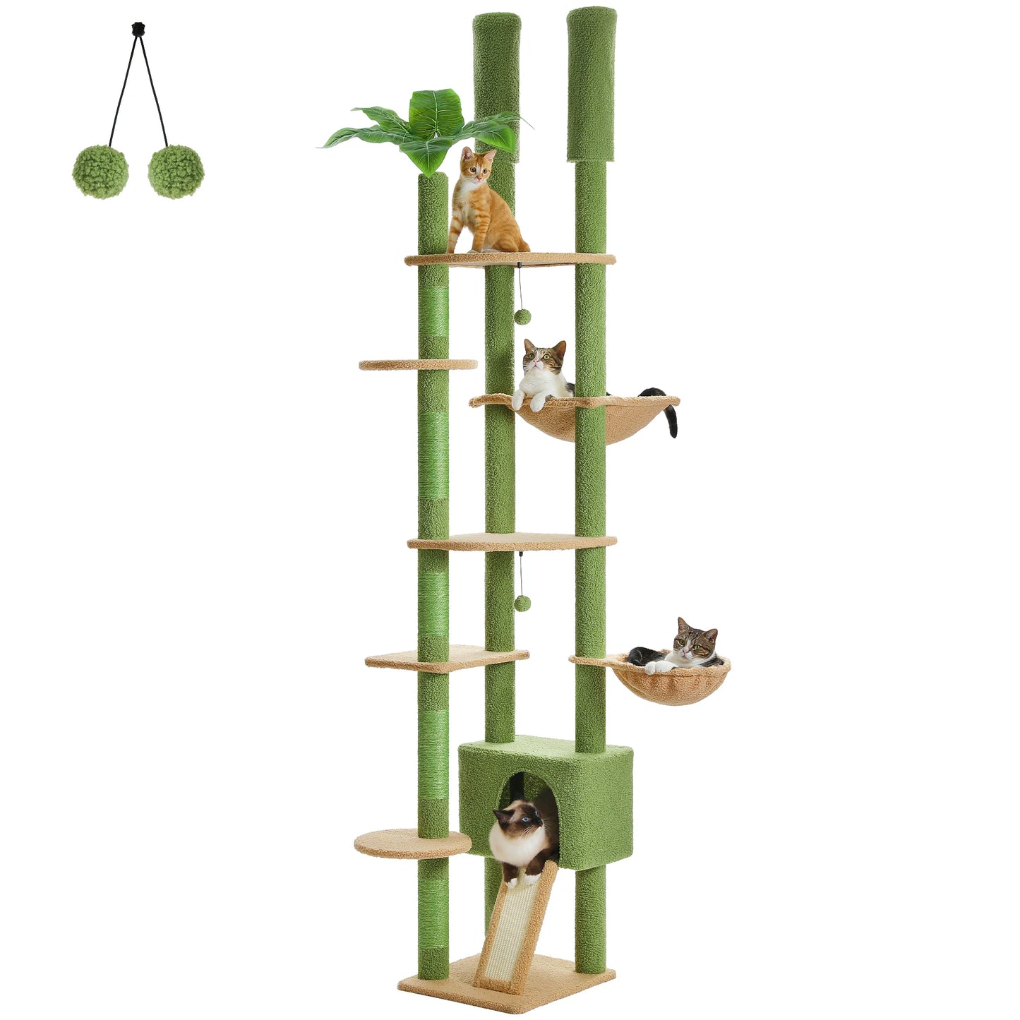 Floor to Ceiling Cactus Cat Tree Tower Adjustable Height with Cat Condo Cozy Hammock and Scratching Post Tall Activity Tree