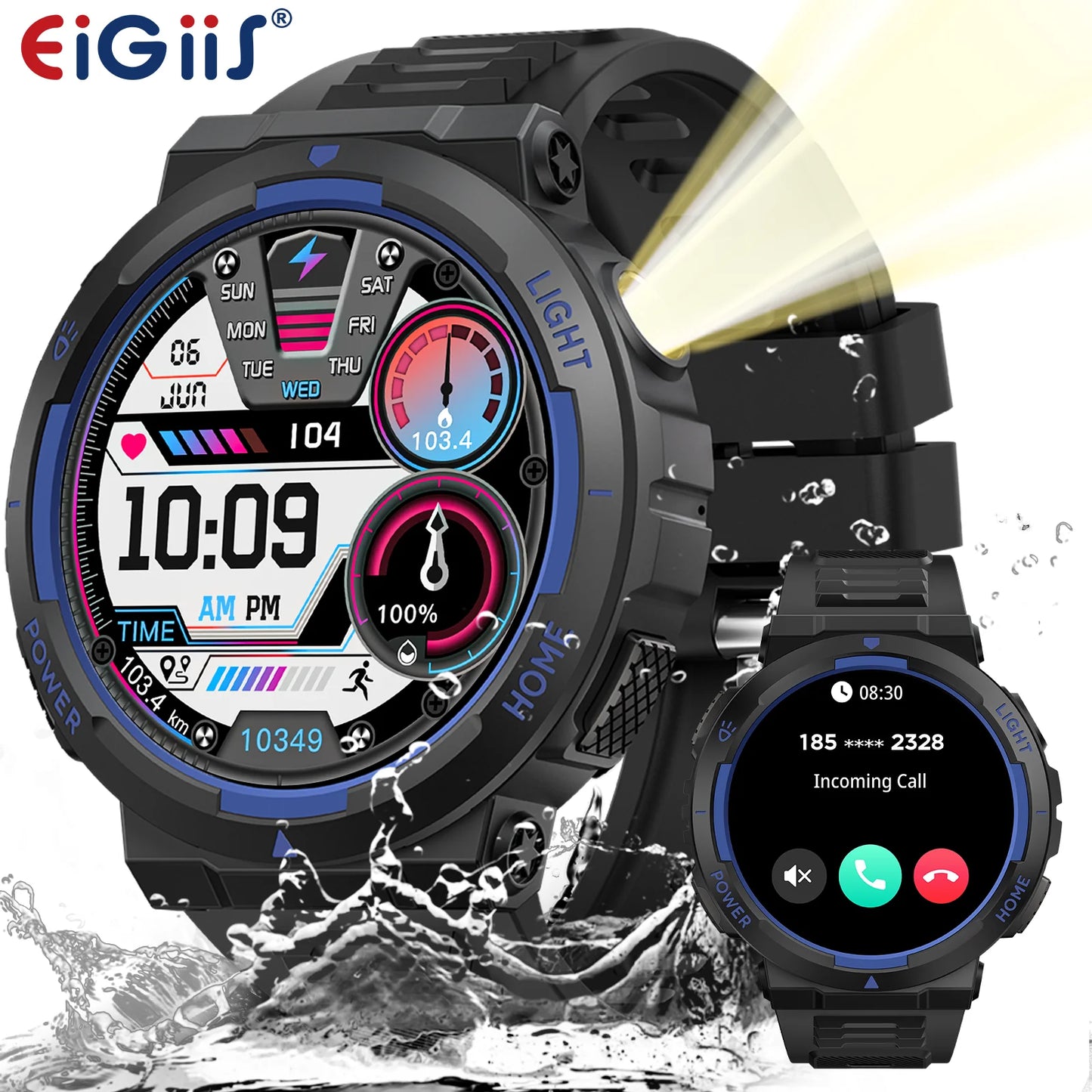 EIGIIS Military Smart Watches for men with LED Flashlight 1.53" IPS Screen Bluetooth Call with 100+ Sports Modes Fitness Tracker