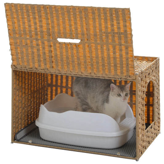 Cat Litter Box Enclosure Furniture with Door Hidden Litter Box Handwoven Rattan Cat House Bed for Large Cats Indoor Room Winter