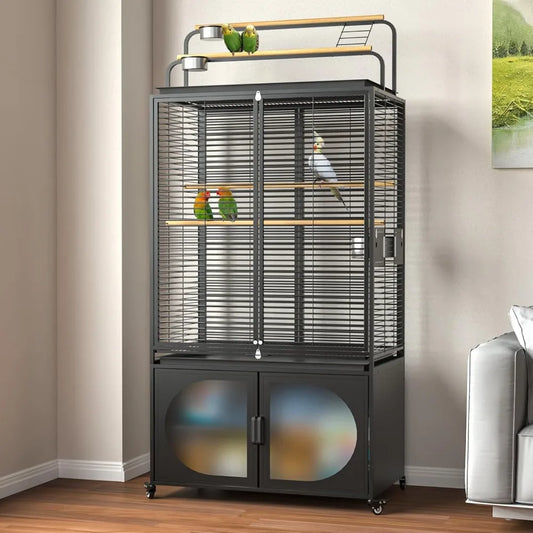 72-Inch Bird Cage with Play Top, Parakeet Cage with Rolling Storage Cabinet Extra Large with Cover for Parrot, Cockatiel, Budgi
