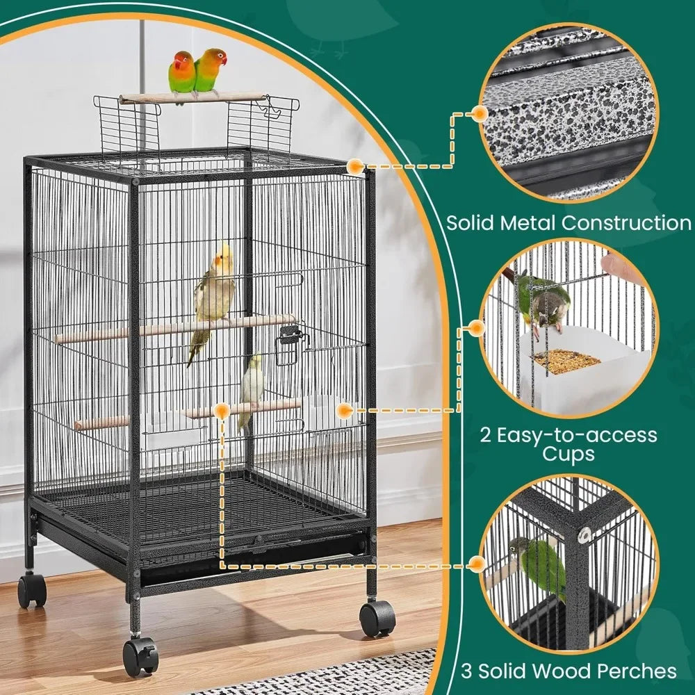 35 inch Wrought Iron Bird Cage w/Play Open Top and Rolling Stand for Small Birds Like Parrots Conure Lovebird Cockatiel