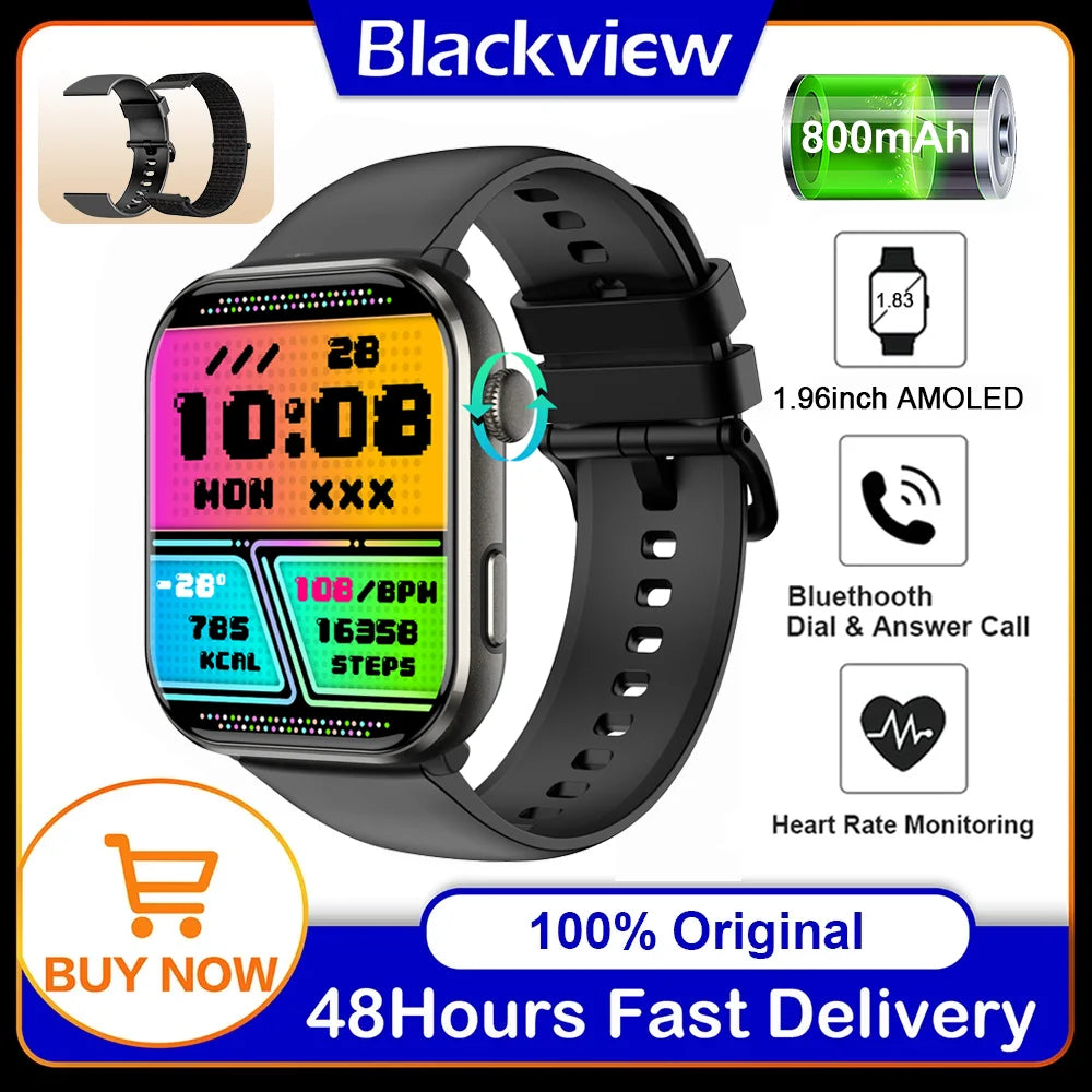 2025 Blackview R60 Smartwatch 1.96‘’ AMOLED HD Display for Men Women Health Fitness Bluetooth Monitoring Sport Smart Watch