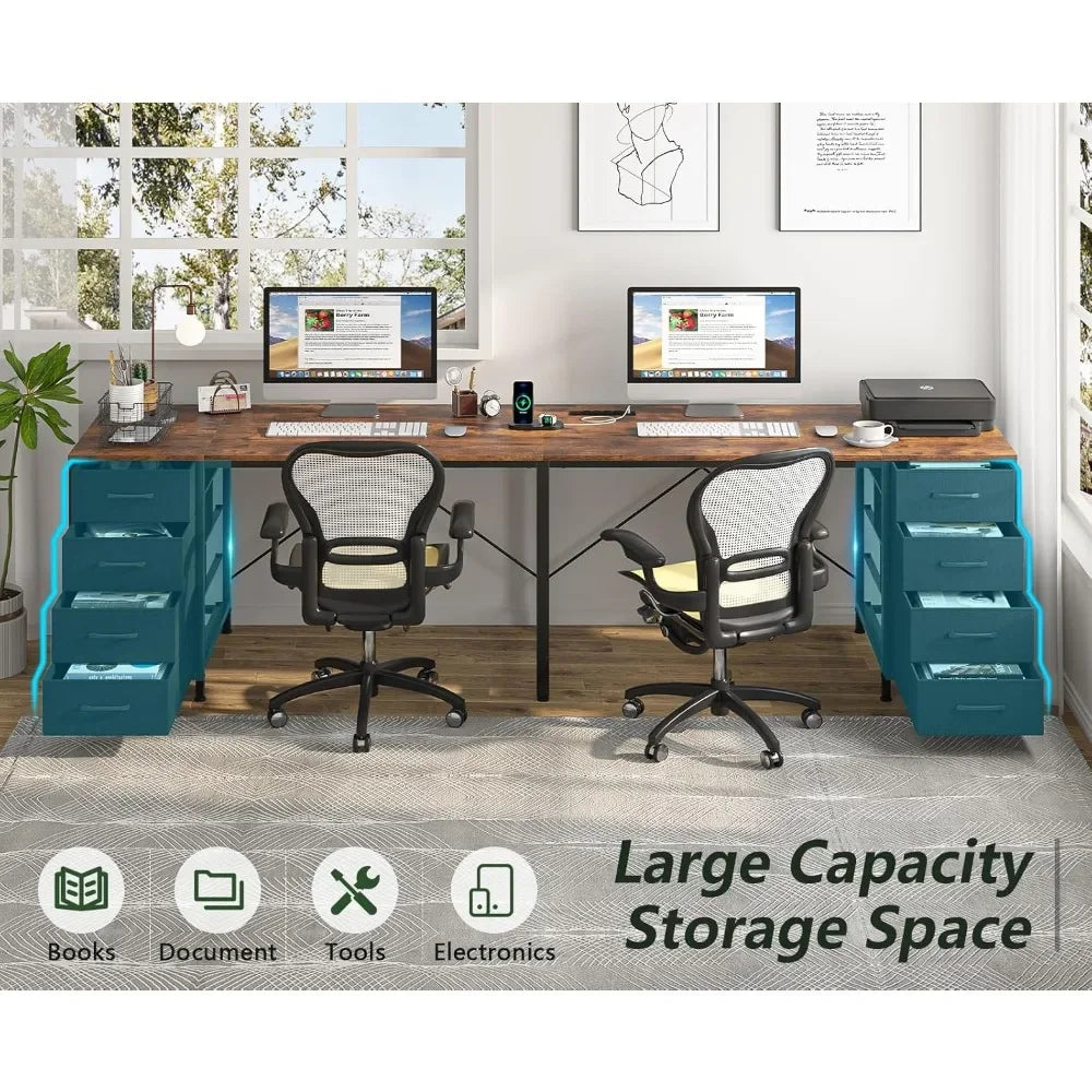 110" 2 Person Desk with 8 Drawers, Large Writing Home Office Desks with Outlets, I Shaped Workstation Double Desk Drawer Organi