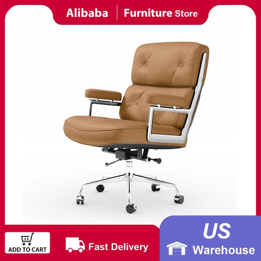 Adjustable Swivel Rolling Office Chairs Soft Pad Genuine Leather Chairs Mid Back Executive Desk Office Chair Computer Chairs