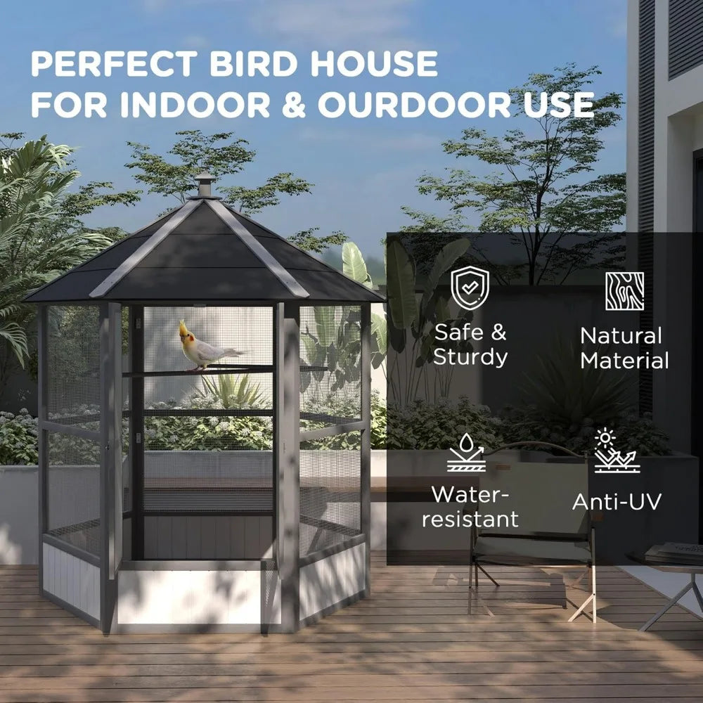69" Large Wooden Hexagonal Outdoor Aviary Flight Bird Cage with Covered Roof, Light Gray