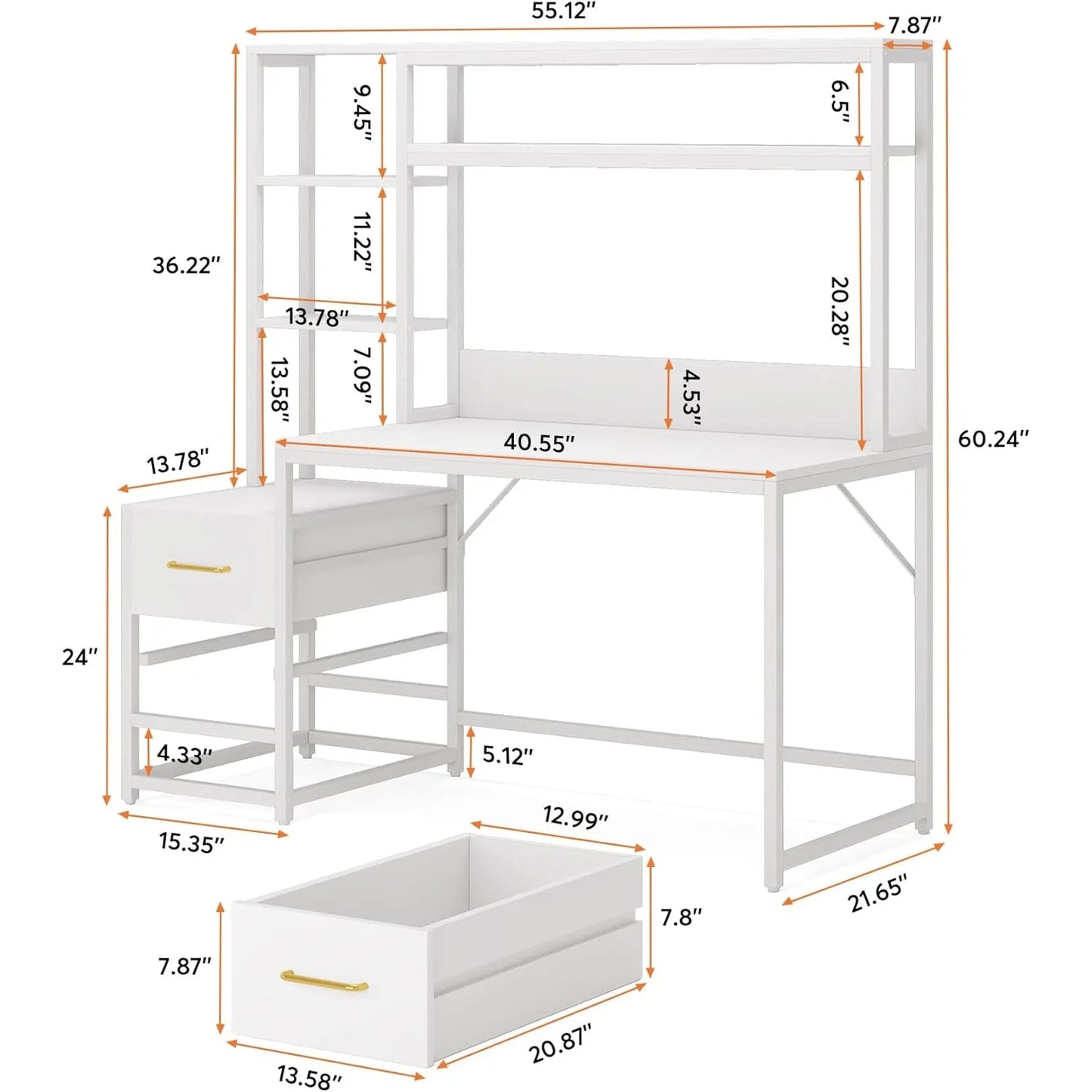 55 Inch Computer Desk with 2 Drawers and Storage Shelves, Modern Study Writing Gaming Table Laptop Workstation for Home Office