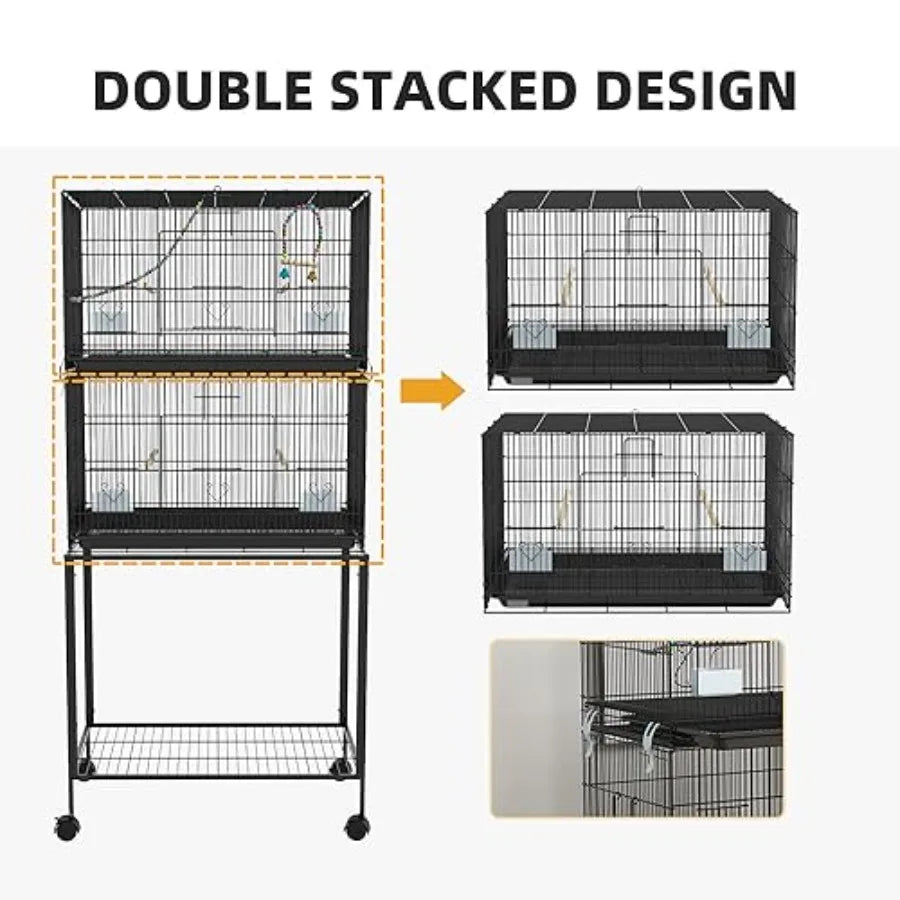Double Stackable Bird Cage with Stand Featuring Wooden Swing Rope Ladder and Wheels Designed for Canaries Lovebirds Finches and