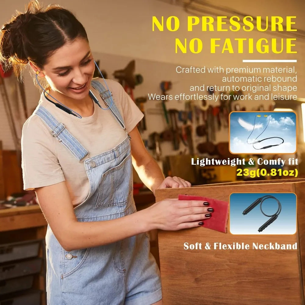 Bluetooth Neckband Earplugs, 29dB Noise Reduction, 19+ Hr Battery, Safety Earbuds for Lawn Mowing/DIY, Includes Replacement Buds