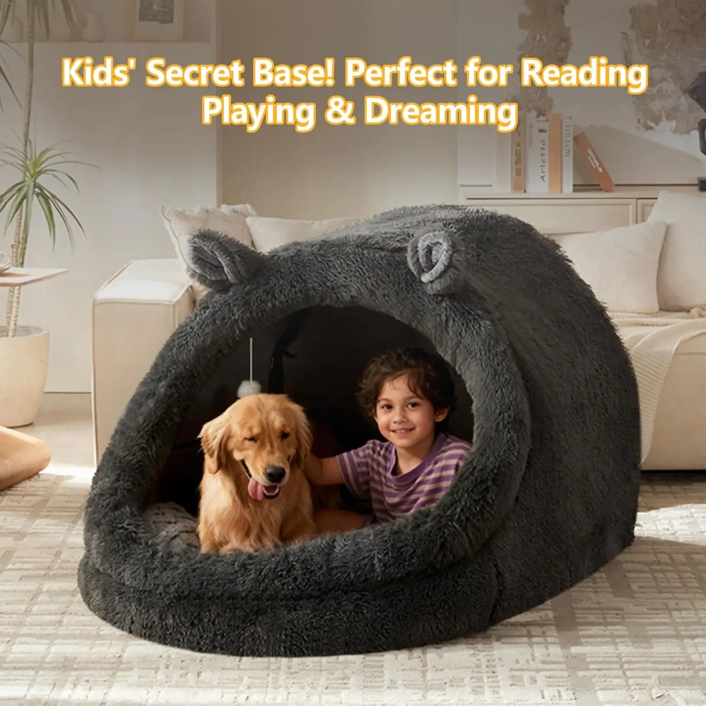 Jumbo Plush Pet Bed with Canopy - 55'x43'x35', Gray, Removable Pillow & Blanket, Machine Washable, Bunny Ear Design