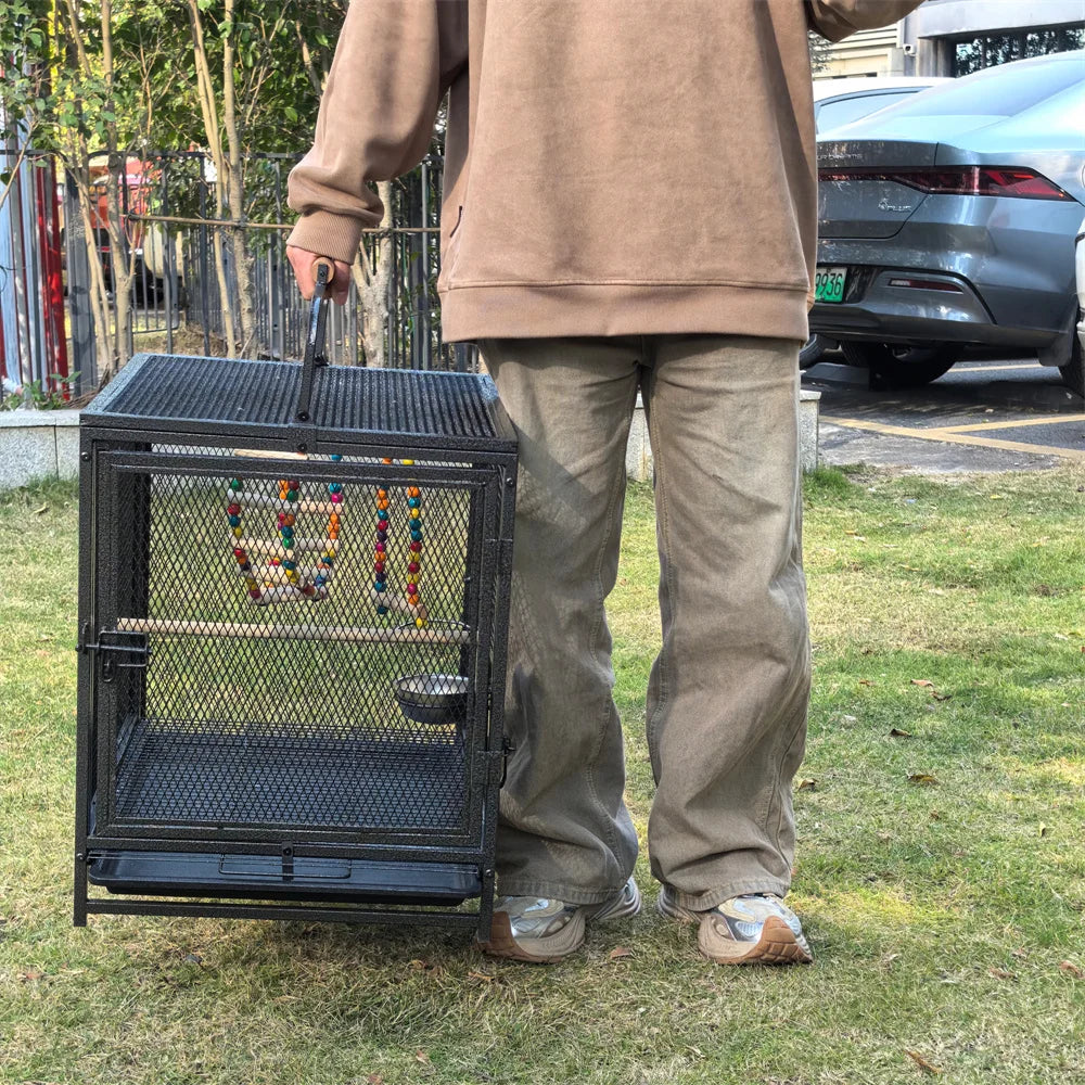Heavy Duty Wrought Iron Bird Cage Travel Carrier Cage with Handle Wooden Perch for Parrots Canaries Budgies Lovebirds Cockatiels