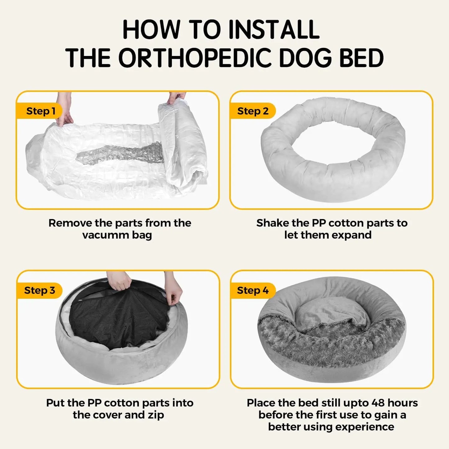 Cave Dog Bed with Blanket, Round Plush Pet Bed, Machine Washable, Anti-Slip, Gray, 26'