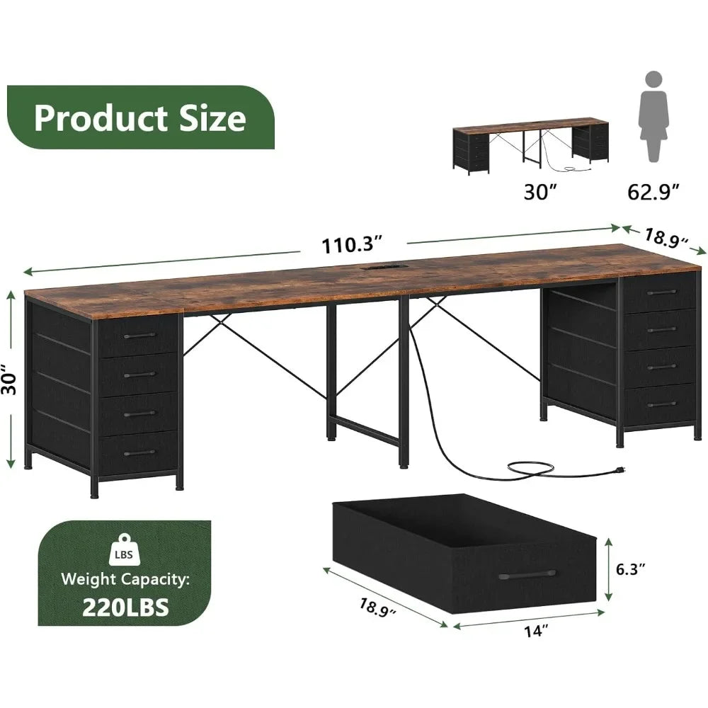 110" 2 Person Desk with 8 Drawers, Large Writing Home Office Desks with Outlets, I Shaped Workstation Double Desk Drawer Organi